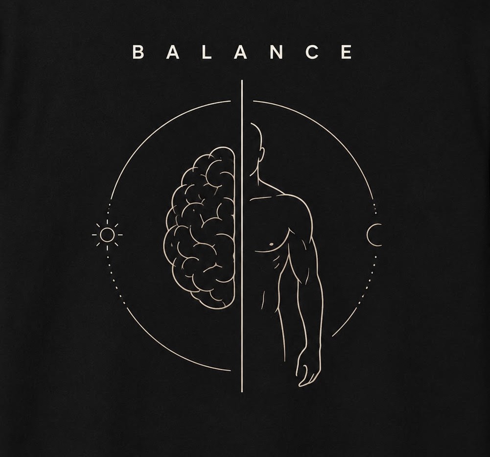 Balance emblem: a brain and a human figure held within a circle between sun and moon